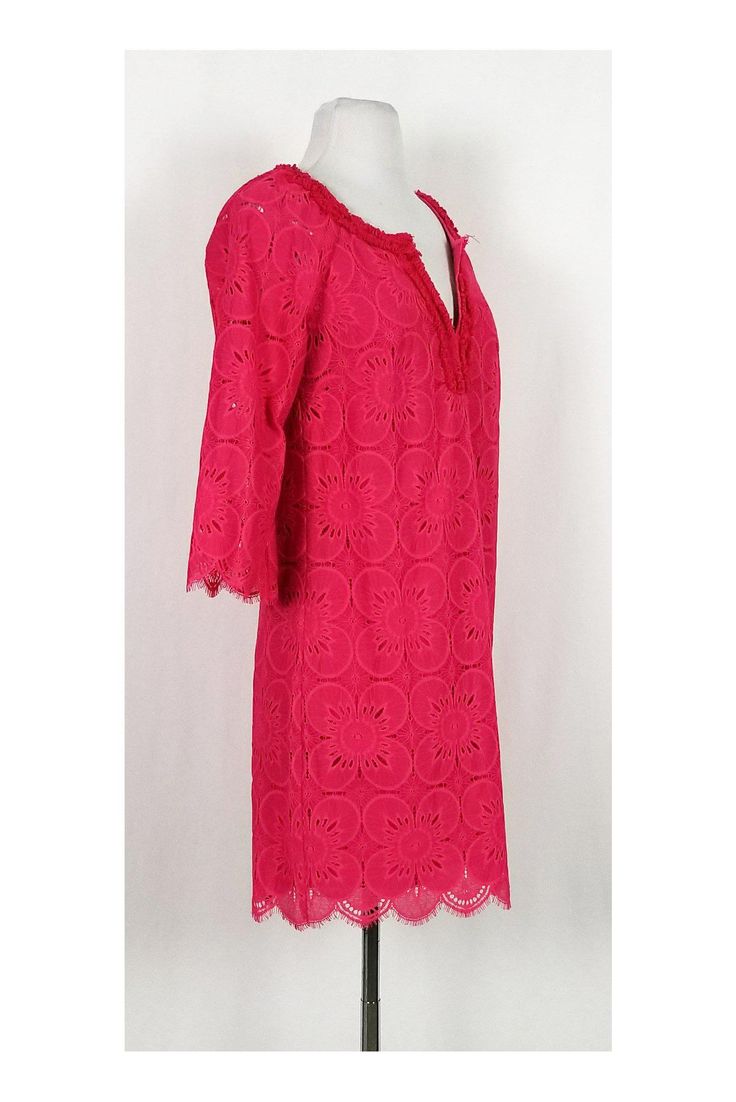 Slip into this romantic lace dress that can be worn to Sunday brunch. Its beautiful color pairs well with gold-tone accessories. Size 2 71% nylon, 29% cotton Made in U.S.A Slips on Lined Floral eyelet lace fabric 3/4 sleeves Fringe on neckline Above knee Tiny stain on interior lining - neckline Bust 35" Waist 35" Shoulder to hem 34" Summer Daywear Scallop Lace Dress, Summer Daywear Scalloped Lace Dress, Summer Daywear Dress With Scalloped Lace, Summer Daywear Lace Dress With Scalloped Lace, Summer Scalloped Lace Dress For Daywear, Scalloped Lace Summer Dress For Daywear, Scalloped Lace Summer Day Dress, Elegant Spring Dresses With Crochet Trim, Elegant Long Sleeve Dress With Crochet Trim