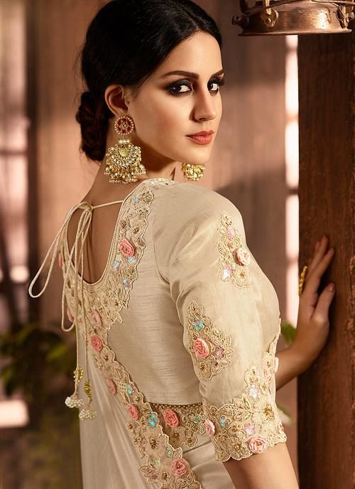 Beige With Golden Pallu Embroidered Designer Saree – Hatkay.com