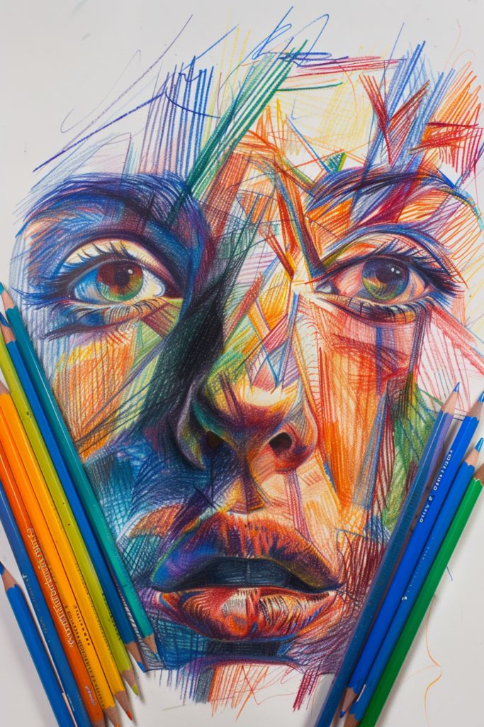 colored pencils are next to a drawing of a woman's face and eyes