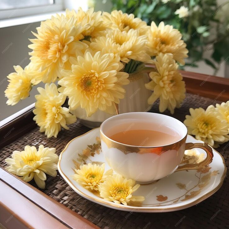 a cup of tea and some flowers on a table