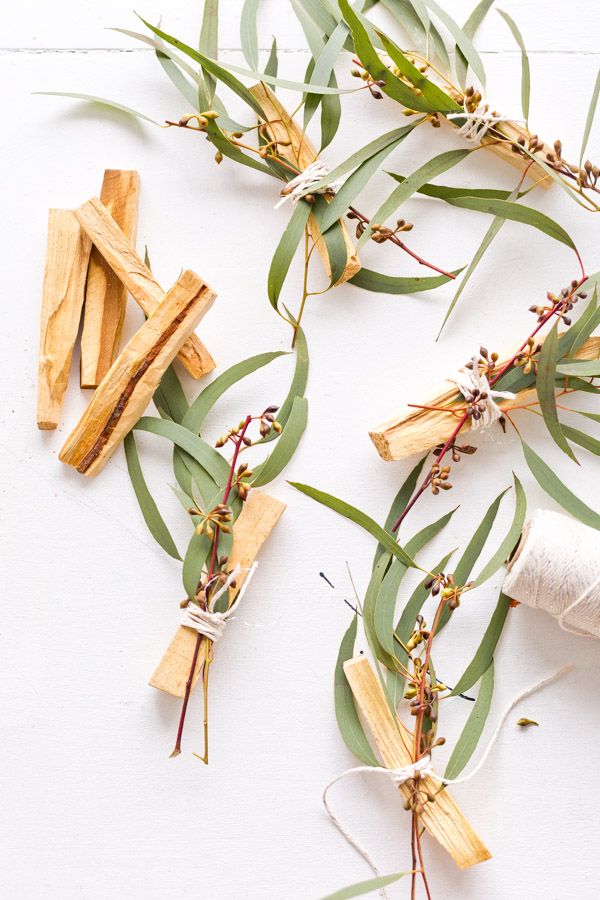 eucalyptus leaves and cinnamon sticks tied together on a white surface with twine spools