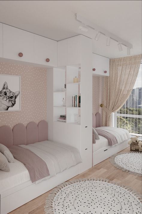 a bedroom with pink and white decor in the corner, along with rugs on the floor