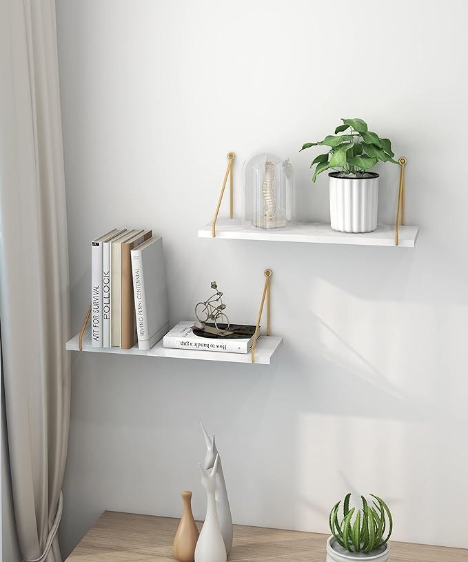 two white shelves with plants and books on them