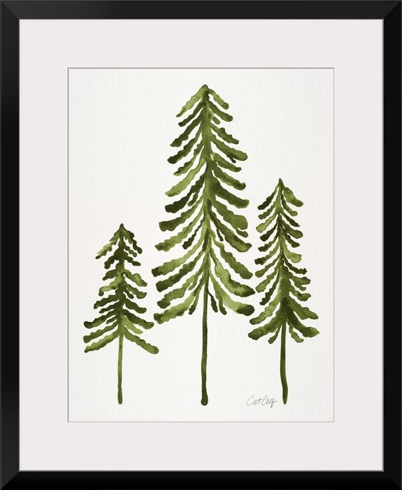 three green pine trees in watercolor on white paper with black framed frame, one is holding