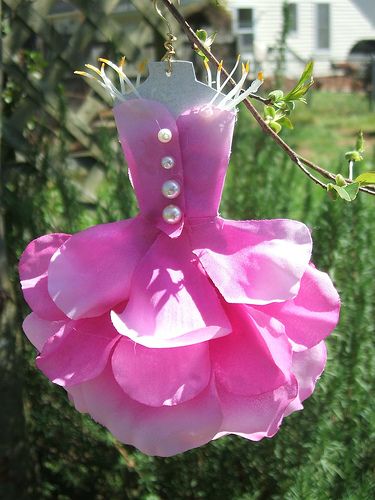 a pink dress hanging from a tree branch