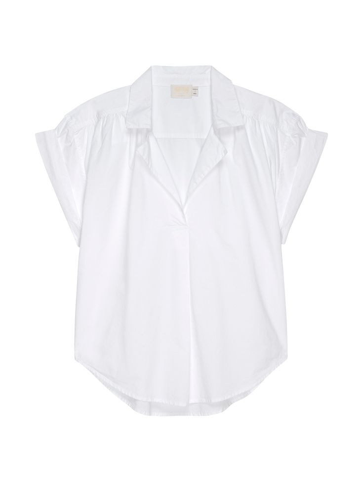 The summer essential you'll save for spring. An effortless (buttonless) blouse with an easy open collar, cuffed cap sleeves, and classic shirttail you can half-tuck, fully-tuck, whatever you want. (This one comes in Optic White.) | Women's Elliot Blouse Top in Optic White | Ethical Essentials Classic Collared Tops With Cuffed Sleeves, Effortless Shirt With Rolled Sleeves For Everyday, Classic Shirt With Rolled Sleeves For Day Out, Classic Tops With Rolled Sleeves In Relaxed Fit, Classic Summer Workwear Tops, Versatile Summer Blouse With Collared Neckline, Versatile Collared Blouse For Summer, Summer Tops With Placket And Shirttail Hem, Summer Top With Placket And Shirttail Hem