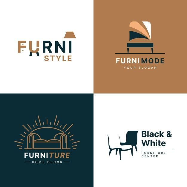 four different logos for furniture and home decor items, including a bed, chair, table