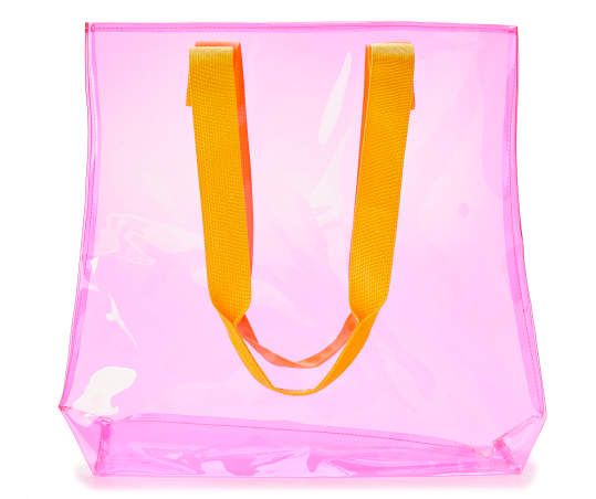 Nylon Tote Beach Bag For Beach Season, Pink Beach Bag With Adjustable Strap For Travel, Trendy Pink Beach Bag For Daily Use, Trendy Pink Beach Bag For Shopping, Nylon Tote Bag For Beach Season, Trendy Pink Beach Bag For Travel, Pink Plastic Shopping Bag, Pink Summer Shopping Bags, Pink Beach Bag With Adjustable Strap For Shopping