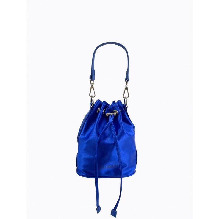 Luxe satin drawstring bucket bag with short detachable faux leather strap, plus additional long adjustable PL branded webbing strap. Silver hardware throughout plus hidden zipper pocket in lining.Bag Measures:Height: 20cmWidth: 19cmDepth: 9.5cmStrap Drop (short): 15cmStrap Drop (long/adjustable): 36-66cm Blue Satchel Bucket Bag With Dust Bag, Blue Shoulder Bag With Adjustable Strap For Evening, Blue Evening Shoulder Bag With Adjustable Strap, Evening Blue Shoulder Bag With Adjustable Strap, Blue Bucket Bag For Shopping, Evening Crossbody Bag With Long Strap, Blue Shoulder Bag With Adjustable Strap For Party, Blue Bucket Bag With Detachable Handle, Blue Bucket Bag For Travel