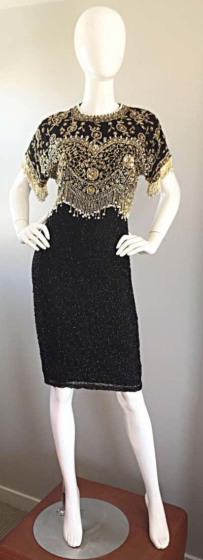 For Sale on 1stDibs - Amazing vintage early 90s LILLIE RUBIN black beaded, sequined, and pearled silk cocktail flapper dress! Heavily hand beaded black seed beads throughout Beaded Gatsby Flapper Dress For Evening, Beaded Flapper Evening Dresses, Glamorous Black Beaded Flapper Dress, Elegant Beaded Flapper Dress For Party Season, Glamorous Beaded Flapper Dress For Evening, Vintage Beaded Fringe Flapper Dress For Evening, Waterfall Skirt, Tulip Dress, Black Seed