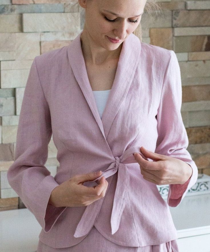 "Pure linen jacket an outer garment extending either to the hips, having long sleeves and a fastening with belts down the front. Composition: 100% pure linen Length at the back seam: +/- 22 inches (58 cm) Belted front closure. With a collar lapel. Long sleeves. Two pockets Size please choose on drop- down menu. Body Size Chart in Inches: XXS Bust 31.5\" | Waist 24.4\" | Hips 35\" XS Bust 33\" | Waist 26\" | Hips 36.2\" S Bust 35\" | Waist 27.6\" | Hips 38\" M Bust 38\" | Waist 30.7\" | Hips 41\" Linen Blazers Women, Kimono Blouse, Linen Jackets, Linen Jacket, Pink Linen, Womens Blazers, Kimono Jacket, Linen Blazer, Pure Linen