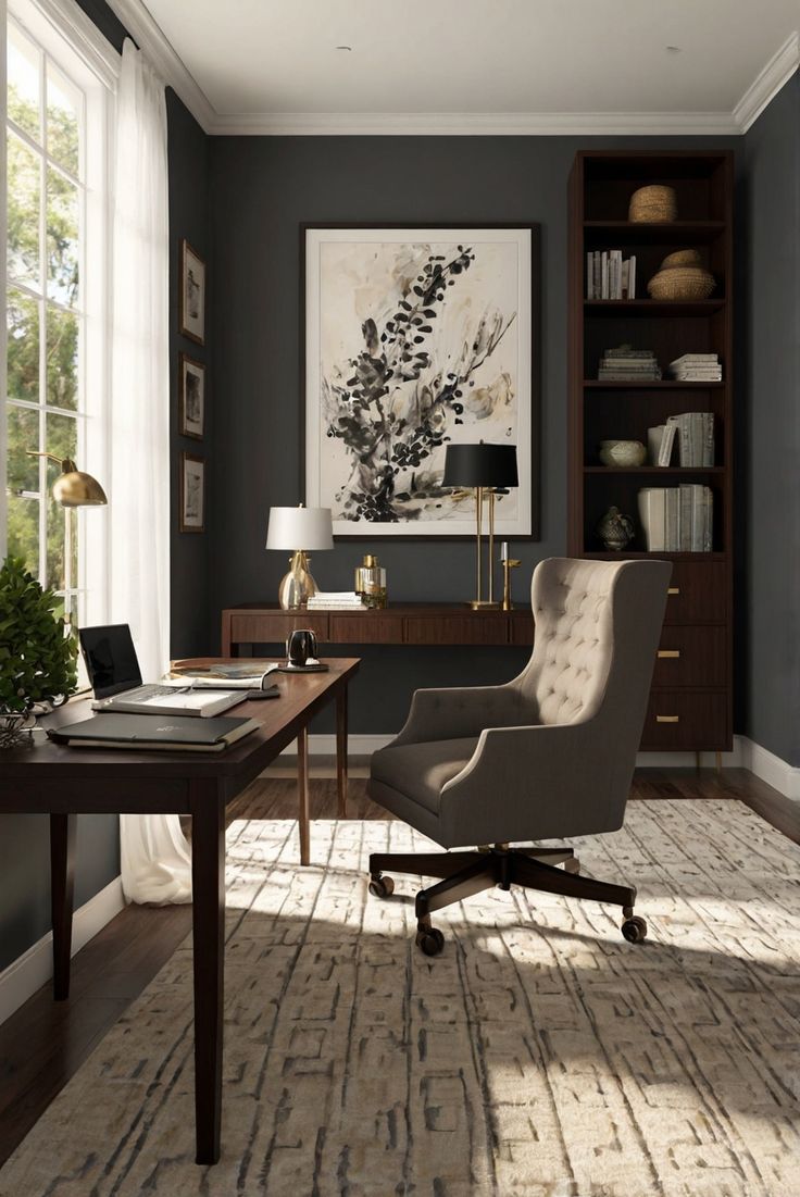 an office with a desk, chair and bookcase in the middle of the room