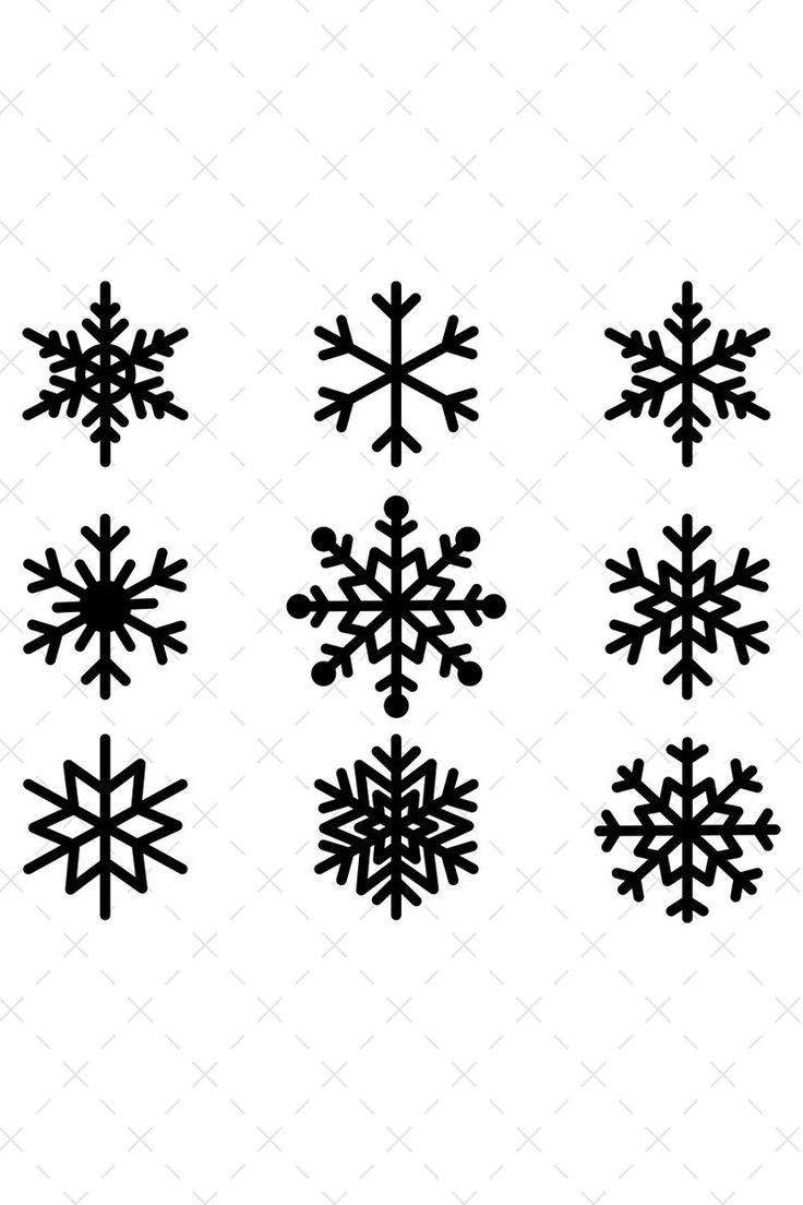 six snowflakes are shown in black and white