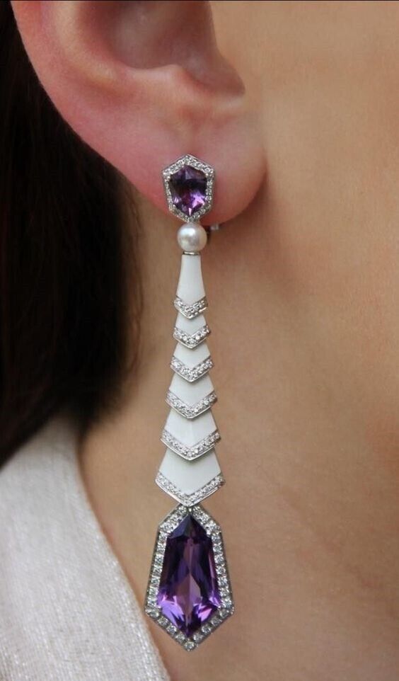 Dazzling Purple Amethyst & Pearl Lab-Created Gemstone Beautiful Long Earrings Elegant Evening Amethyst Jewelry, Luxury Amethyst Earrings With Gemstone Accents, Luxury Purple Multi-stone Earrings, Luxury Silver Amethyst Earrings, White Amethyst Jewelry For Formal Occasions, Elegant White Multi-stone Earrings, Formal White Amethyst Jewelry, Luxury Purple Sterling Silver Earrings, Elegant Multi-stone Amethyst Jewelry