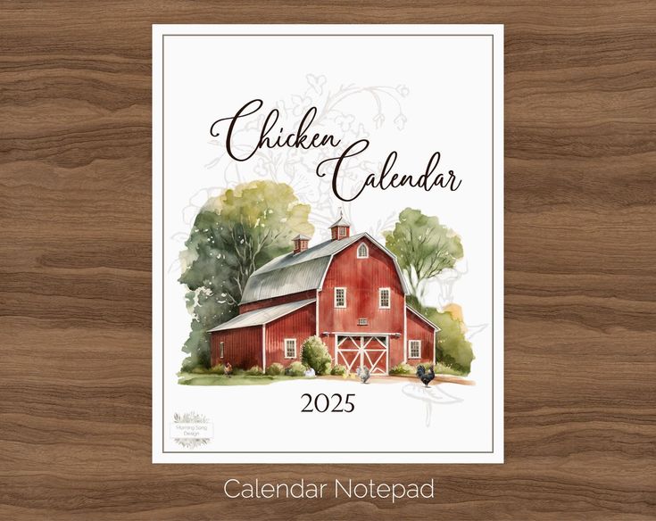 a watercolor painting of a red barn with the words chicken calendar written on it