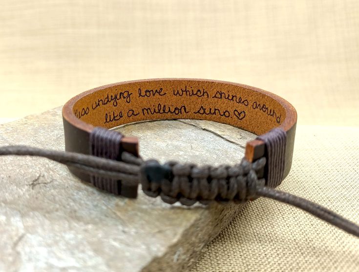 BRACELET DETAILS ☆ Laser engraved leather bracelet, ☆ Leather color options, ☆ Handmade adjustable bracelet, ☆ Hemp rope ☆ Cuff width: 5/8" (1.6cm) ☆ The writing has been burned into the leather and will not fade away with wear. NOTE: Due to the nature of the material, the shade of leather can vary slightly from that pictured. BRACELET FUTURES Memorial Handwriting Bracelet, Actual Handwriting Bracelet ☆ Best personalized gifts ☆ Express your personality ☆ Unique gifts ☆ Engrave your idol's signa Personalized Adjustable Brown Jewelry, Everyday Engraved Brown Leather Bracelet, Everyday Brown Engraved Leather Bracelet, Adjustable Engraved Leather Bracelet, Personalized Brown Leather Bracelet For Everyday, Adjustable Laser Engraved Bracelets For Everyday Wear, Personalized Brown Leather Bracelets, Adjustable Leather Bracelet With Engraving Option For Father's Day, Father's Day Adjustable Engraved Leather Bracelet