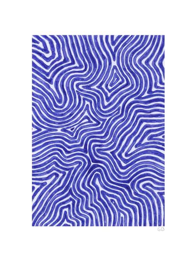 an abstract blue and white painting with wavy lines