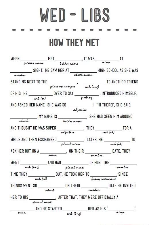 the wedding game is shown in black and white, with words that read wed - libs how they met