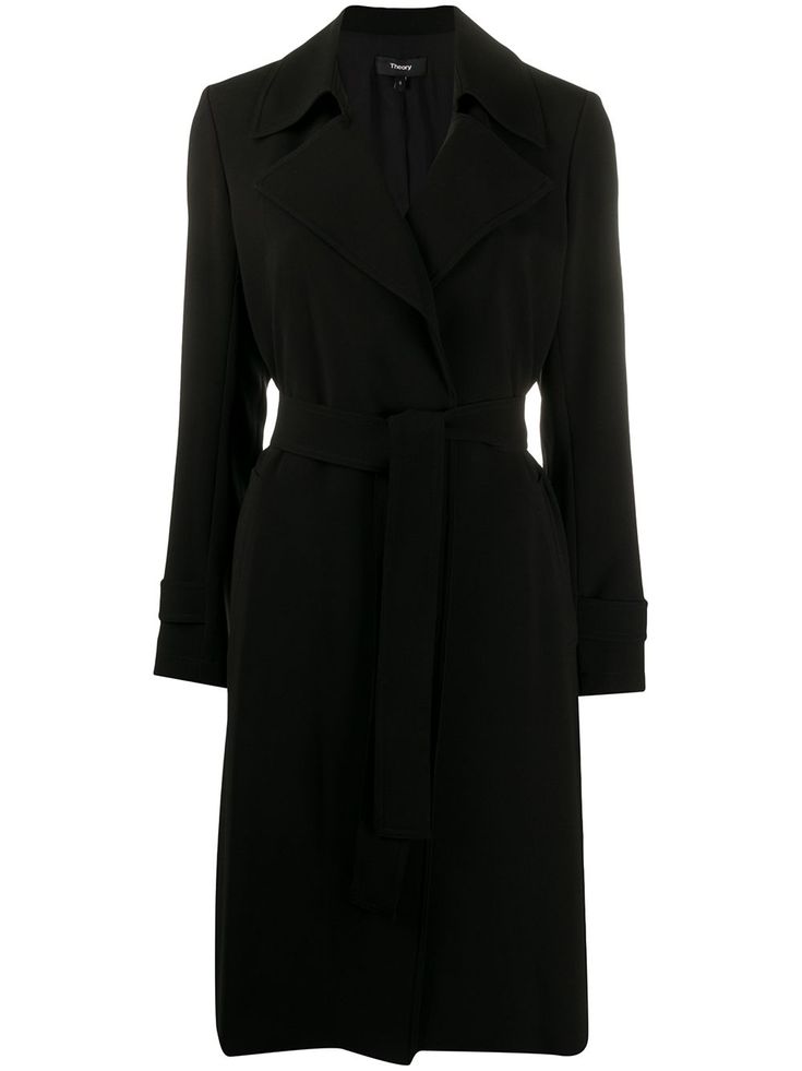 Black mid-length belted coat from Theory featuring notched lapels, long sleeves, side pockets, a straight hem and a rear central vent. American Clothing Brands, Candy Clothes, Trench Coat Black, Belted Coat, Outerwear Coats, Yoga Wear, Outerwear Women, Mid Length, Dress To Impress