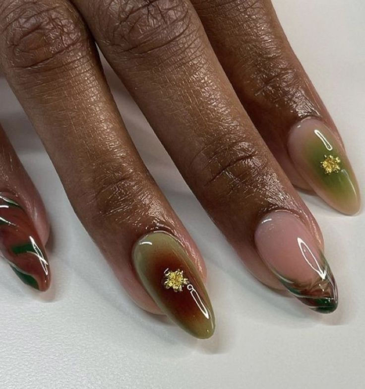 Nail Fall Inspiration, Earthy Nails Designs Short, Earth Tone Almond Nails, Hippie Acrylic Nail Designs, Earthy Almond Nails, Earthy Nails Designs Almond, Fantastic Mr Fox Nails, Earth Tones Nails, Hazel Nails