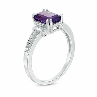 Emerald-Cut Amethyst and Diamond Accent Collar Ring in 10K White Gold | Online Exclusives | Collections | Zales Elegant Emerald Cut Amethyst Promise Ring, Elegant Emerald-cut Amethyst Birthstone Ring, Elegant Emerald Cut Amethyst Birthstone Ring, Emerald Cut Amethyst Ring In White Gold, Classic White Gold Emerald Cut Amethyst Ring, Emerald Cut Birthstone Ring With Accent Stones, Purple Emerald-cut Birthstone Ring For Anniversary, Classic Emerald Cut Purple Rings, Modern Amethyst Anniversary Ring