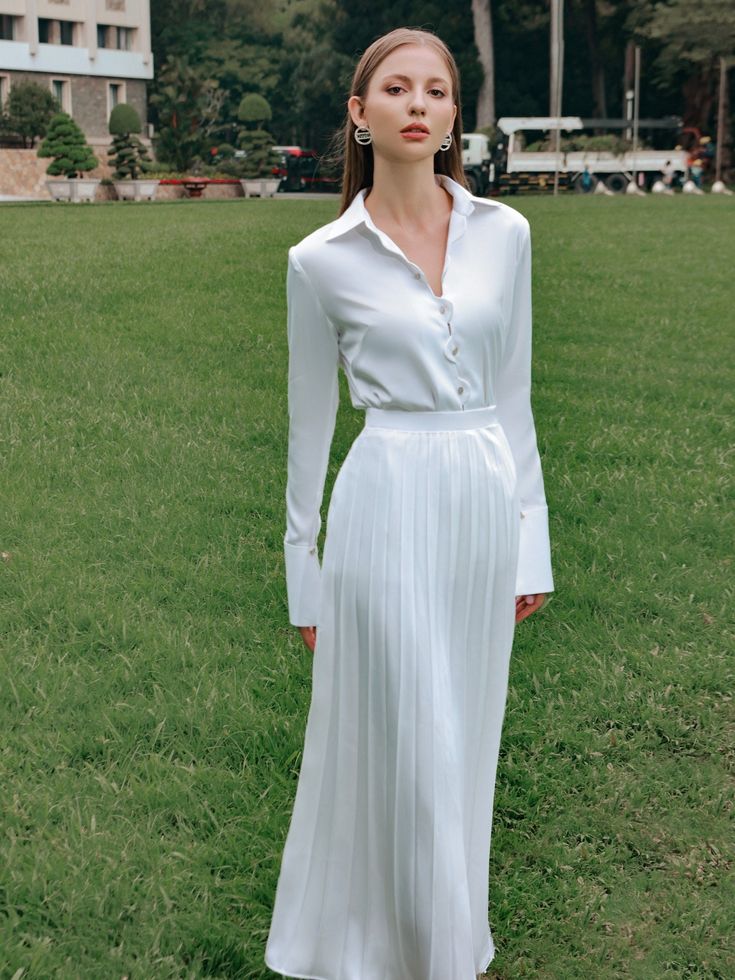 White Silk Skirt, Women Long Sleeve Shirt, Summer Dress Long, White Silk Top, Silk Long Sleeve Blouse, Long Skirt Summer, White Silk Blouse, Pleated Long Skirt, Skirt Midi