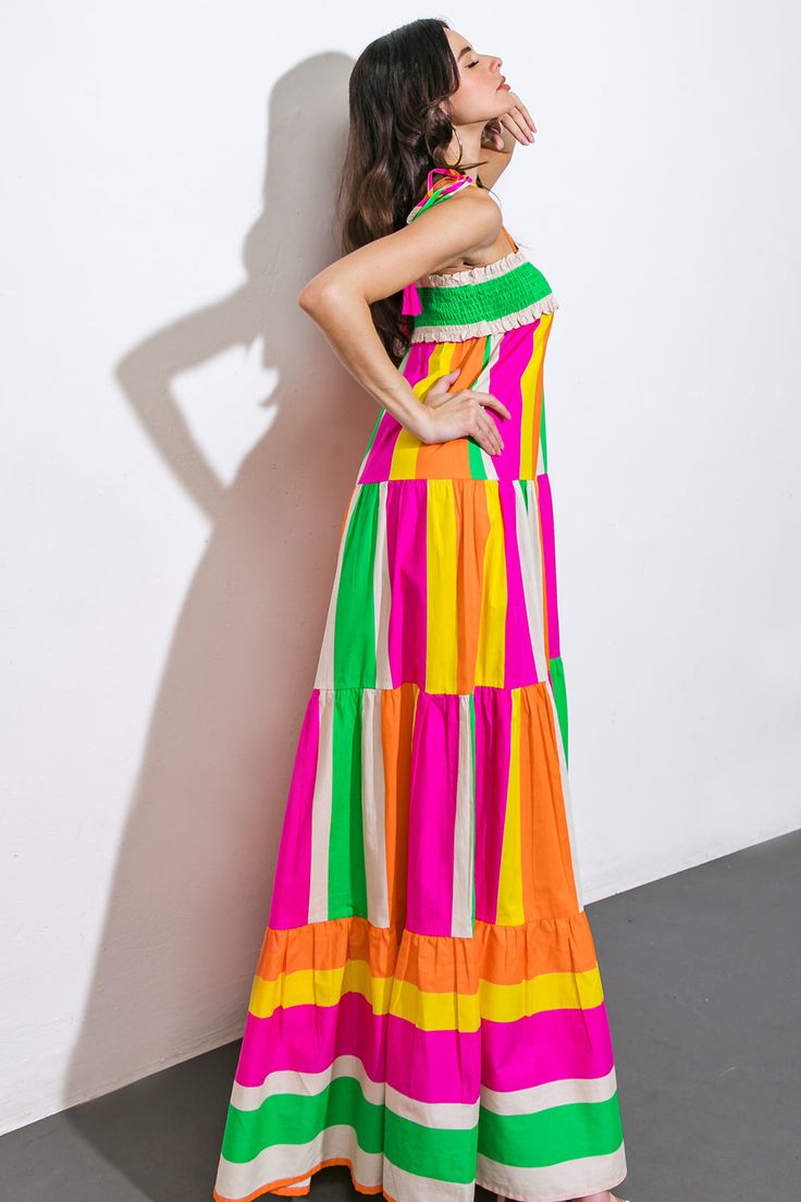 A printed woven maxi dress featuring straight smocked neckline, shoulder tie and tiered skirt Details:Self : 100% Cotton Size & Fit- Model is 5`7" And Wearing Size Small- Measurements Taken From Size Small- Approx. Length: 57" Casual Multicolor Tiered Maxi Dress, Casual Multicolor Tiered Skirt Maxi Dress, Beach Multicolor Maxi Dress With Smocked Back, Multicolor Smocked Back Maxi Sundress, Summer Multicolor Maxi Dress With Smocked Bodice, Multicolor Summer Maxi Dress With Smocked Bodice, Multicolor Maxi Sundress With Smocked Back, Multicolor Maxi Dress With Smocked Bodice For Vacation, Multicolor Sundress With Smocked Back