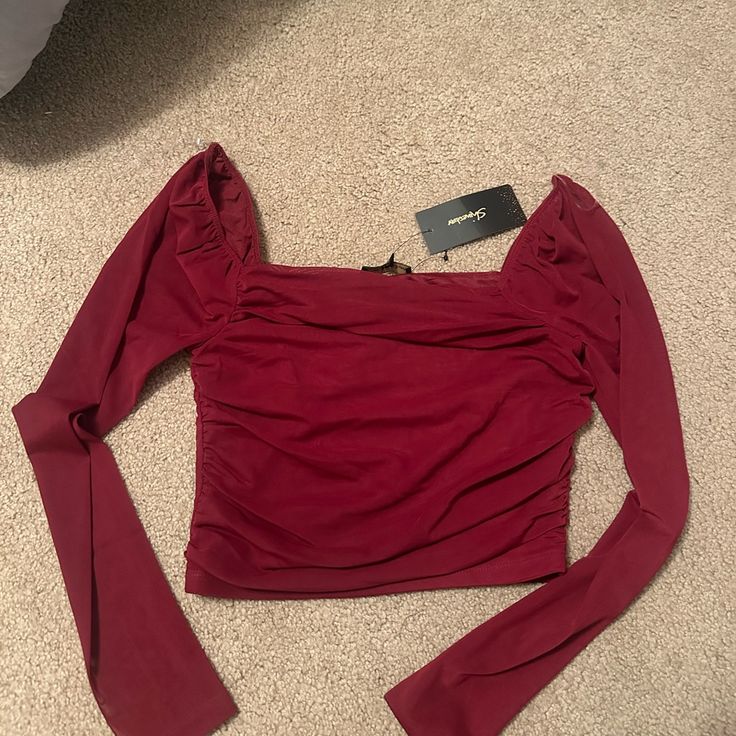 The Sleeves Are Mesh Red Stretch Blouse For Fall, Red Fitted Long Sleeve Top, Red Stretch Top For Date Night, Stretch Red Top For Date Night, Stretch Red Top For Night Out, Stretch Burgundy Tops For Night Out, Burgundy Stretch Top For Night Out, Burgundy Long Sleeve Tops For Night Out, Fitted Burgundy Tops For Night Out