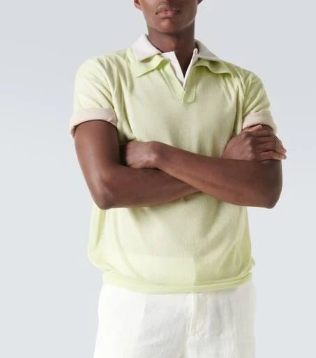 Material: 85% wool, 15% silk.Care instructions: dry clean.Made in Japan.Designer color name: Lime Yellow.Collar: polo collar.Hem: ribbed, straight.Cuff: ribbed.True to size.Semi-sheer.Designed for a loose fit.Stretchy fabric.Falls to the hip.The model in the picture is 185cm-6'1' and wearing a size 4 Fitted Summer Polo Sweater With Ribbed Collar, Fitted Polo Sweater With Seamless Collar For Spring, Classic Fine Knit Polo Sweater For Spring, Classic Fitted Green Polo Sweater, Fitted Classic Green Polo Sweater, Green Fitted Classic Polo Sweater, Spring Collared Fine Knit Sweater, Classic Green Johnny Collar Tops, Fitted Fine Knit Collared Polo Sweater