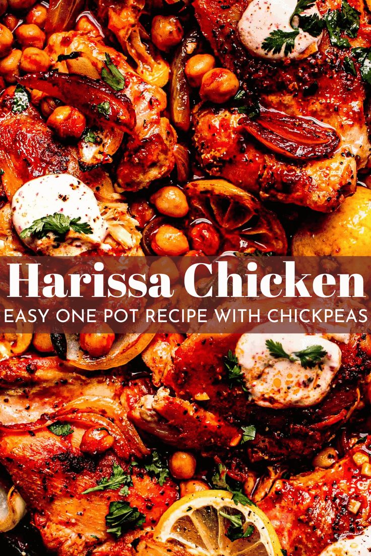 the cover of harrissa chicken is shown with chickpeas and lemons