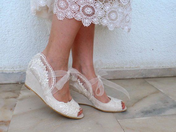 Boho Wedding Wedges, Embellished Lace Bridal Wedge Shoes with Pearls Wedding Wedges For Bride, Lace Wedges Shoes, Simple Wedding Shoes, Bridal Wedges, Embroidery Organza, Boho Wedding Shoes, Converse Wedding Shoes, Wedding Wedges, Wedding Shoes Sandals