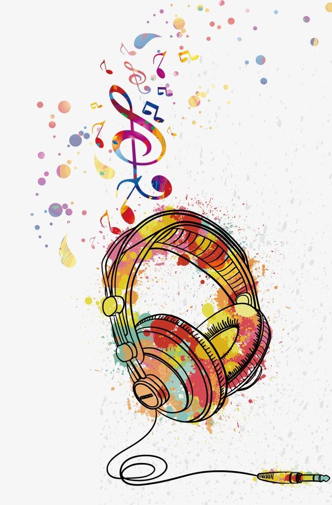 colorful headphones with musical notes coming out of the top, on a white background