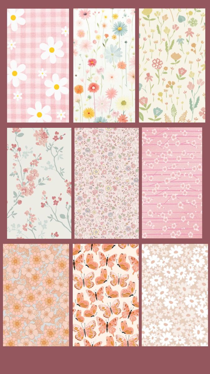 six different floral patterns in pink and white