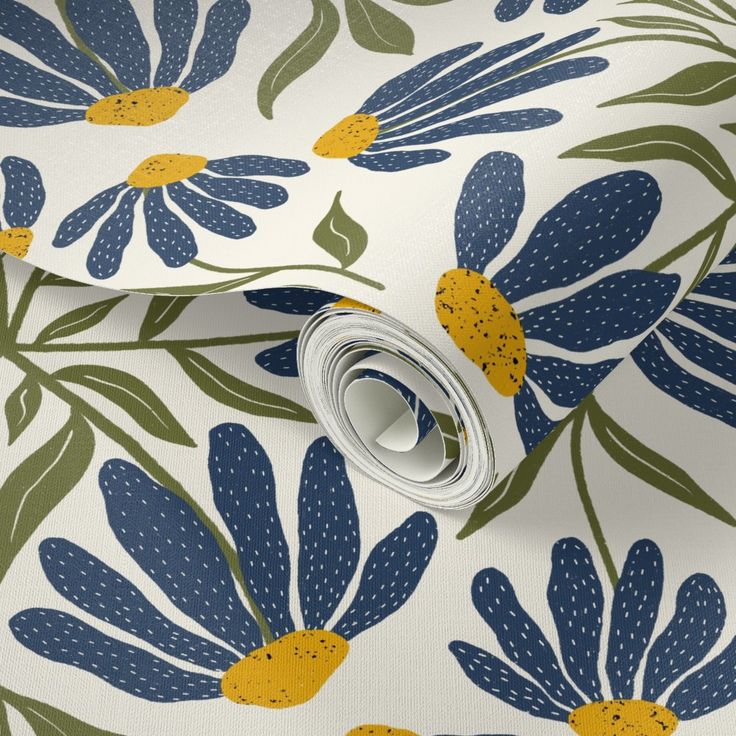 a blue and yellow flower pattern on white fabric with green, yellow and gray flowers