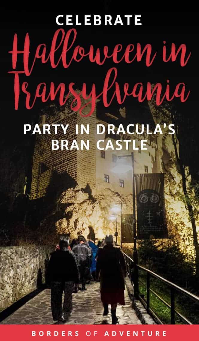 people walking down a path in front of a castle at night with the words celebrate halloween in transsyhanana party in dracula's bran castle