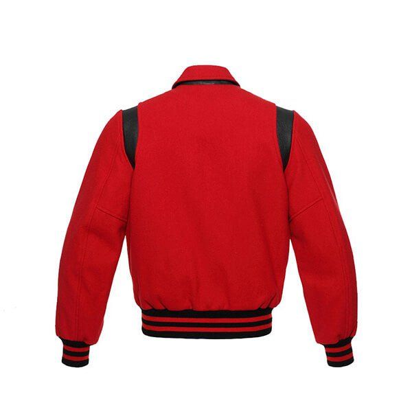 Experience unparalleled comfort and style with our Red Wool Varsity Jacket. Made from the finest quality wool, it offers warmth and breathability, ensuring you stay comfortable in any weather. The black shoulder inserts not only enhance the jacket's visual appeal but also provide a sleek and streamlined look. Whether you're running errands or meeting friends, this jacket effortlessly combines comfort and style for a standout ensemble. Jacket Features: Body made with color-fast virgin melton wool Red Outerwear With Ribbed Cuffs And Baseball Collar, Red Varsity Jacket With Ribbed Cuffs For Fall, Fitted Wool Varsity Jacket For Winter, Classic Fitted Varsity Jacket For Winter, Red Varsity Jacket With Pockets For Streetwear, Winter University Red Varsity Jacket For Streetwear, University Red Varsity Jacket For College In Winter, Classic Black Wool Varsity Jacket, Black Wool Outerwear With Baseball Collar