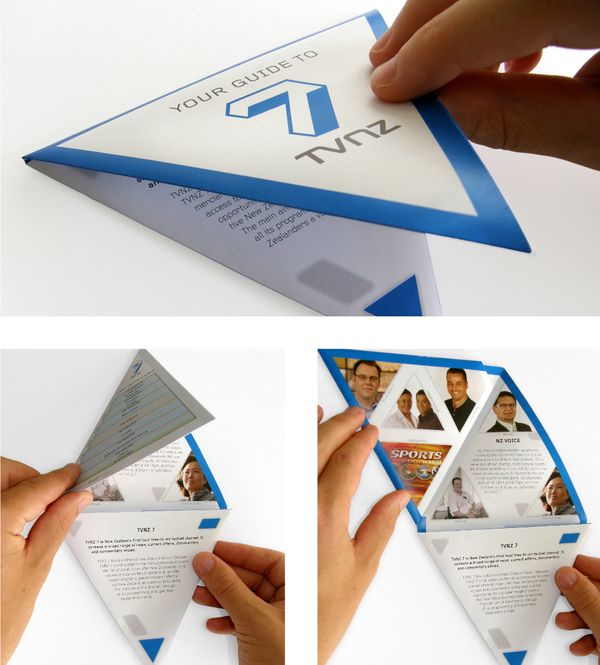 the folded brochure is designed to look like an origami triangle