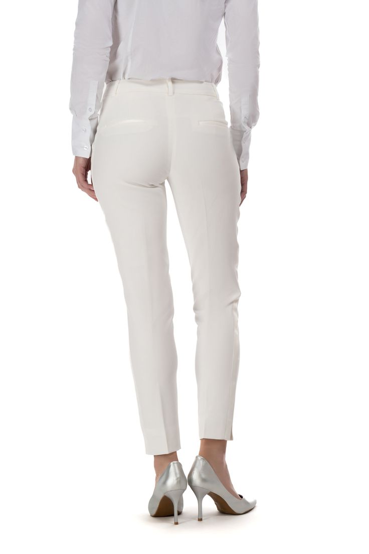 Get ready for white-HOT sizzling look! White Straight Elastane Pants, White High-waisted Elastane Pants, White High-waisted Elastane Bottoms, Elegant White Tapered Leg Bottoms, Chic White Elastane Pants, White Elastane Ankle-length Bottoms, White Ankle-length Classic Pants, Classic White Ankle-length Pants, White Stretch Bottoms With Tapered Leg