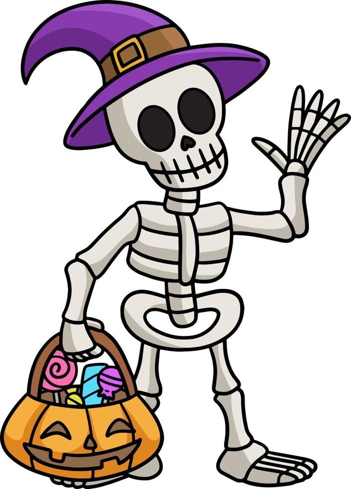 a skeleton in a witches hat with a trick bag