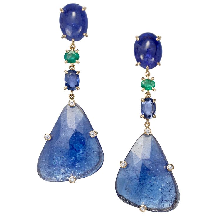 One-of-a-kind dangle earrings of fancy shaped tanzanite slices are topped with oval cabochon tanzanites, with faceted emeralds and blue sapphires, and diamond accents. Handcrafted in 18 karat rose gold. These luxurious blue and green earrings make an elegant statement, perfect for cocktails but also pretty worn casually. Tanzanites are so on trend right now. The vibrant colors in these beauties come alive with the soft rose gold setting. Tanzanite Diamond Earrings, Blue Gemstone Earrings, Exotic Jewelry, Gem Jewelry, Gemstone Drop Earrings, Sparkly Jewelry, Blue Sapphire Diamond, Soft Rose, Diamond Drop Earrings