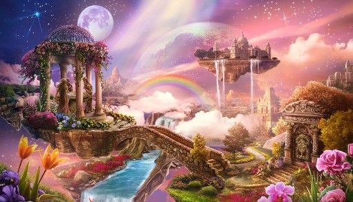 a painting of a fantasy landscape with rainbows and flowers