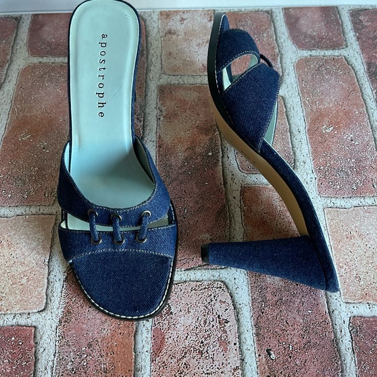 Apostrophe Women’s Blue Fabric Denim Heel Sandals Slides Frantic Upper Leather Sole Size 8 New See Photos For All Details Of Shoes, Thank You. Denim Heels, Shoes Blue, Slides Sandals, Blue Shoes, Heel Sandals, Blue Fabric, Womens Heels, Denim Women, Shoes Women Heels