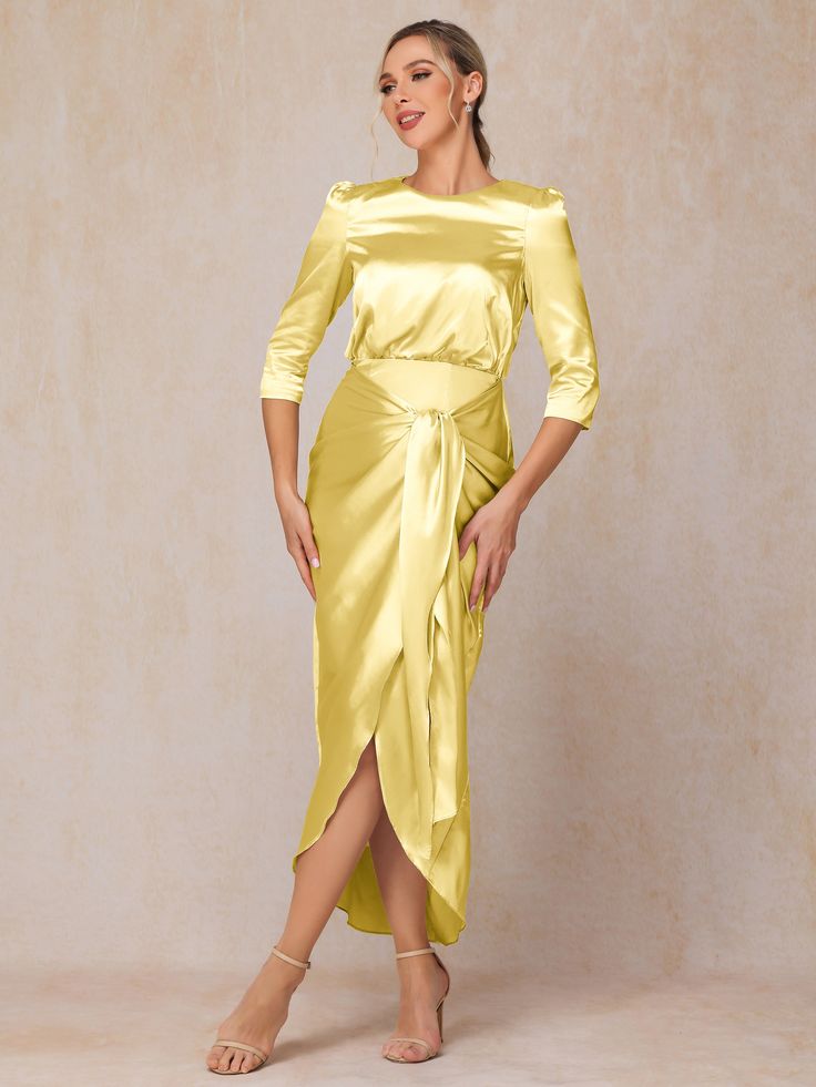 Daffodil Fitted Yellow Maxi Dress For Banquet, Yellow Satin Midi Dress For Party, Elegant Yellow Satin Midi Dress, Yellow Fitted Maxi Dress For Banquet, Elegant Ruched Yellow Maxi Dress, Elegant Yellow Ruched Maxi Dress, Yellow Ruched Evening Dress, Yellow Maxi Dress For Banquet, Yellow Satin Floor-length Dress