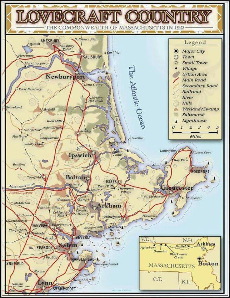 a map of lovecraft country with the roads and towns in red, yellow and blue