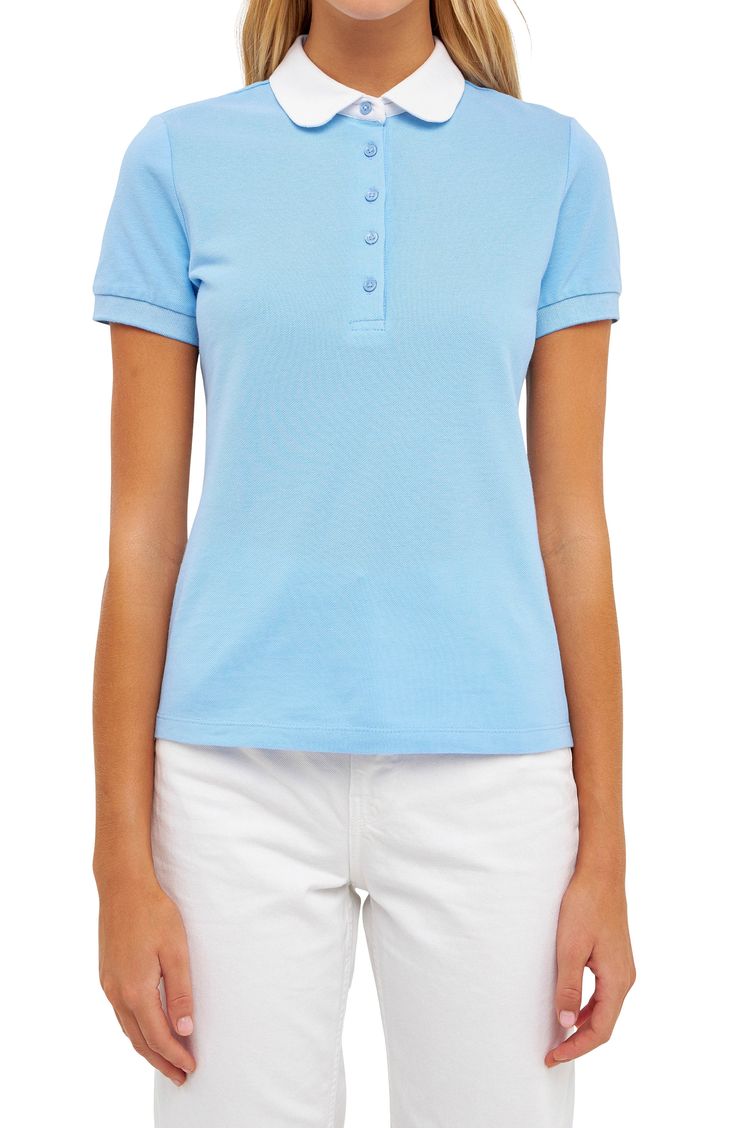 Embolden your shirt rotation with this prim polo crowned by a Peter Pan collar and completed by pearlized buttons. Peter Pan collar Short sleeves with rib cuffs 100% cotton Hand wash, dry flat Imported English Factory, Winter Colors, Pan Collar, Peter Pan Collar, Powder Blue, Peter Pan, Cool Outfits, Tee Shirts, Hand Wash