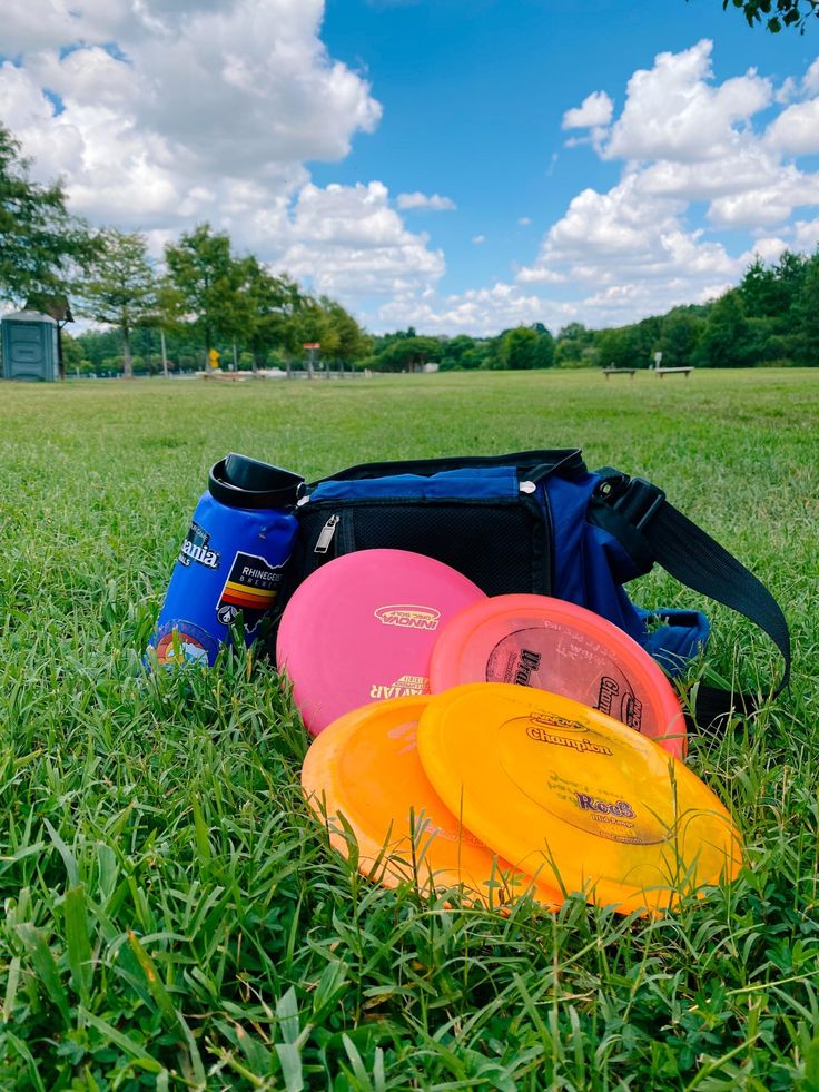 four frisbees are laying on the grass in front of a blue bag