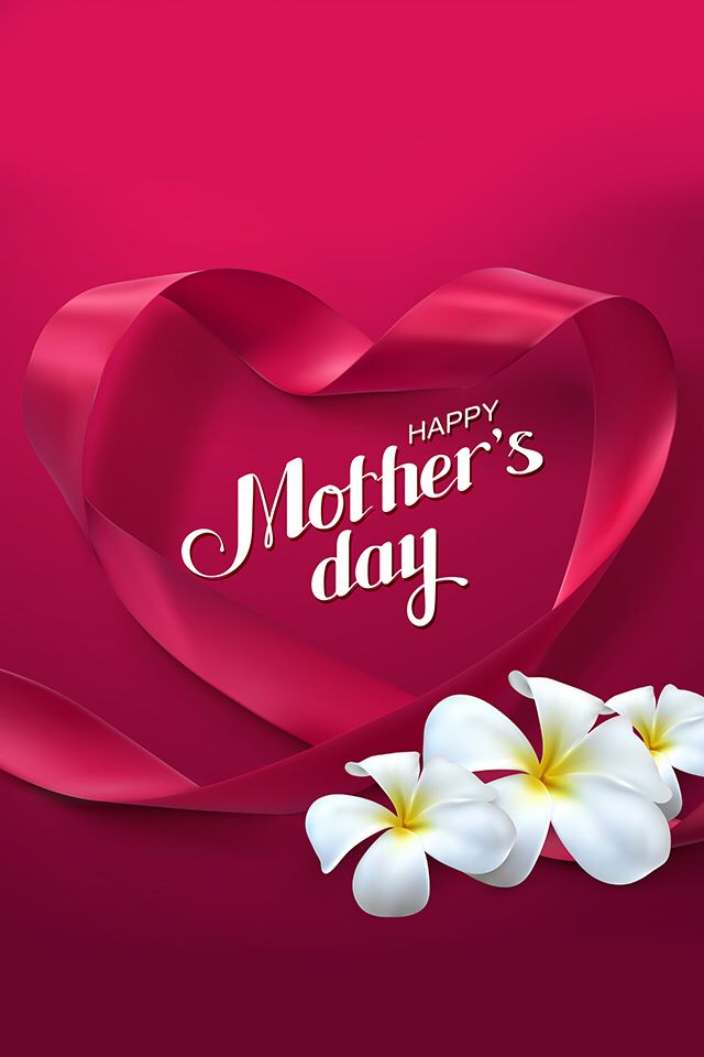 happy mother's day card with white flowers and red paper heart on pink background