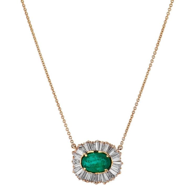 2.81 Carat Oval Emerald And Diamond Baguette Pendant Necklace Fancy Names, Baguette Pendant, Emerald Pendant Necklace, Jewelry Necklace Simple, Gold Bracelets Stacked, Emerald Necklace Pendant, Floral Pendant Necklace, Diamond Baguette, Stones Jewelry