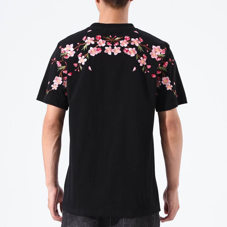 Sakura Embroidered Shirt – Kidoriman Black Embroidered Shirt For Spring, Spring Black Embroidered Shirt, Spring Floral Embroidery Relaxed Fit Shirt, Black Shirt With Floral Embroidery For Spring, Short Sleeve Shirt With Embroidered Graphics For Spring, Spring Black Shirt With Floral Embroidery, Spring Short Sleeve Shirt With Embroidered Graphics, Cotton T-shirt With Embroidery For Spring, Traditional Relaxed Fit Shirt For Spring