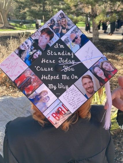 a woman wearing a graduation cap with pictures on it's back and writing on the side